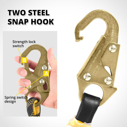 TRSMIMA Rope Harness Safety Lanyard：50ft Vertical Roofing Rope with Grab Snap Hooks Shock Absorber - Fall Protection Tree Climbing Line Kit Heavy Duty Roof Safety Equipment ANSI CE