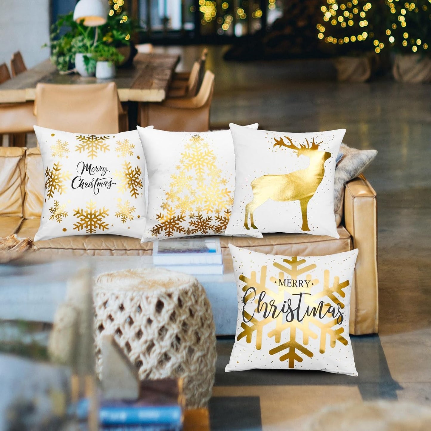 ONWAY Christmas Gold White Throw Pillow Covers 20x20 Inch Set of 4 Snowflakes Decorations Cushion Cases Xmas Decor for Couch Sofa Car Bedroom