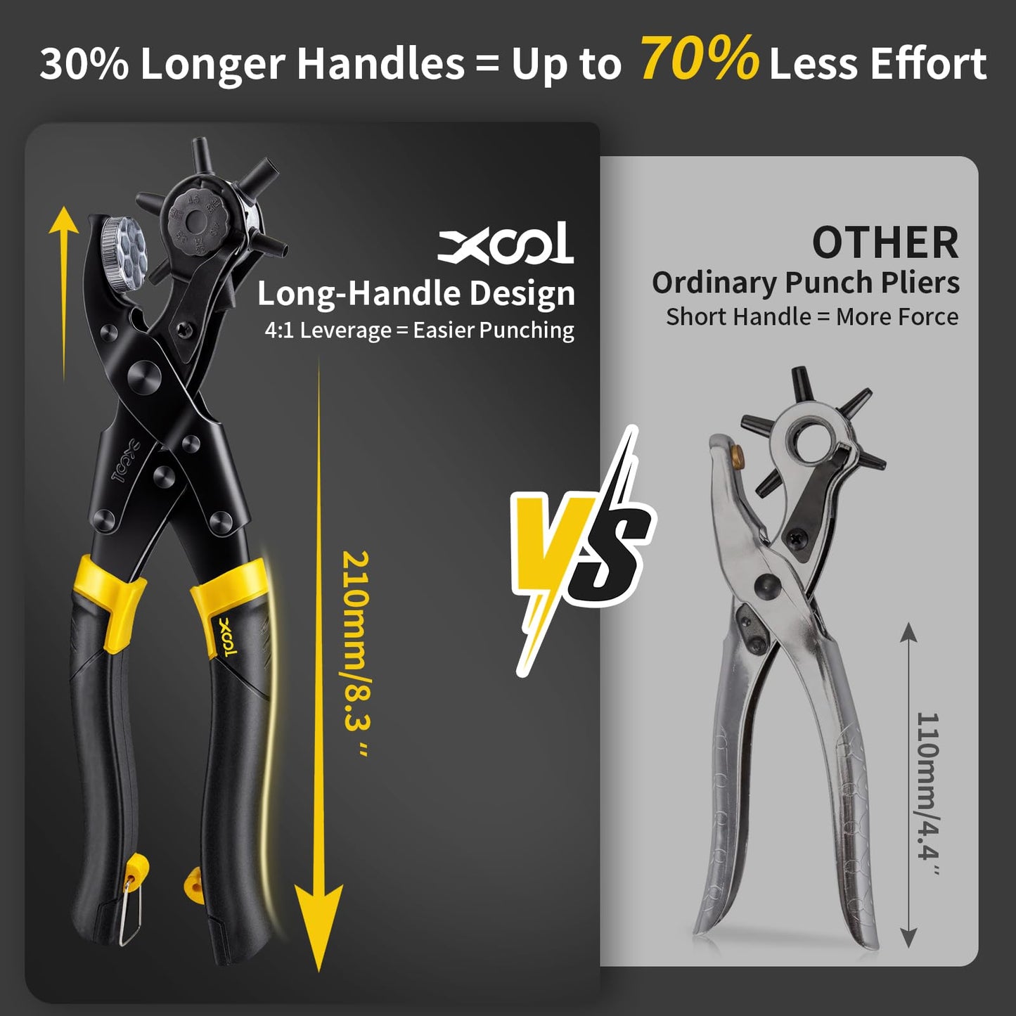 XOOL Round & Oval Leather Hole Punch Set, Upgraded Long Handle Revolving Punch Plier Kit for Belts, Watch Bands, Straps, Dog Collars, Saddles, Shoes, Fabric, DIY Home & Leather Craft Project