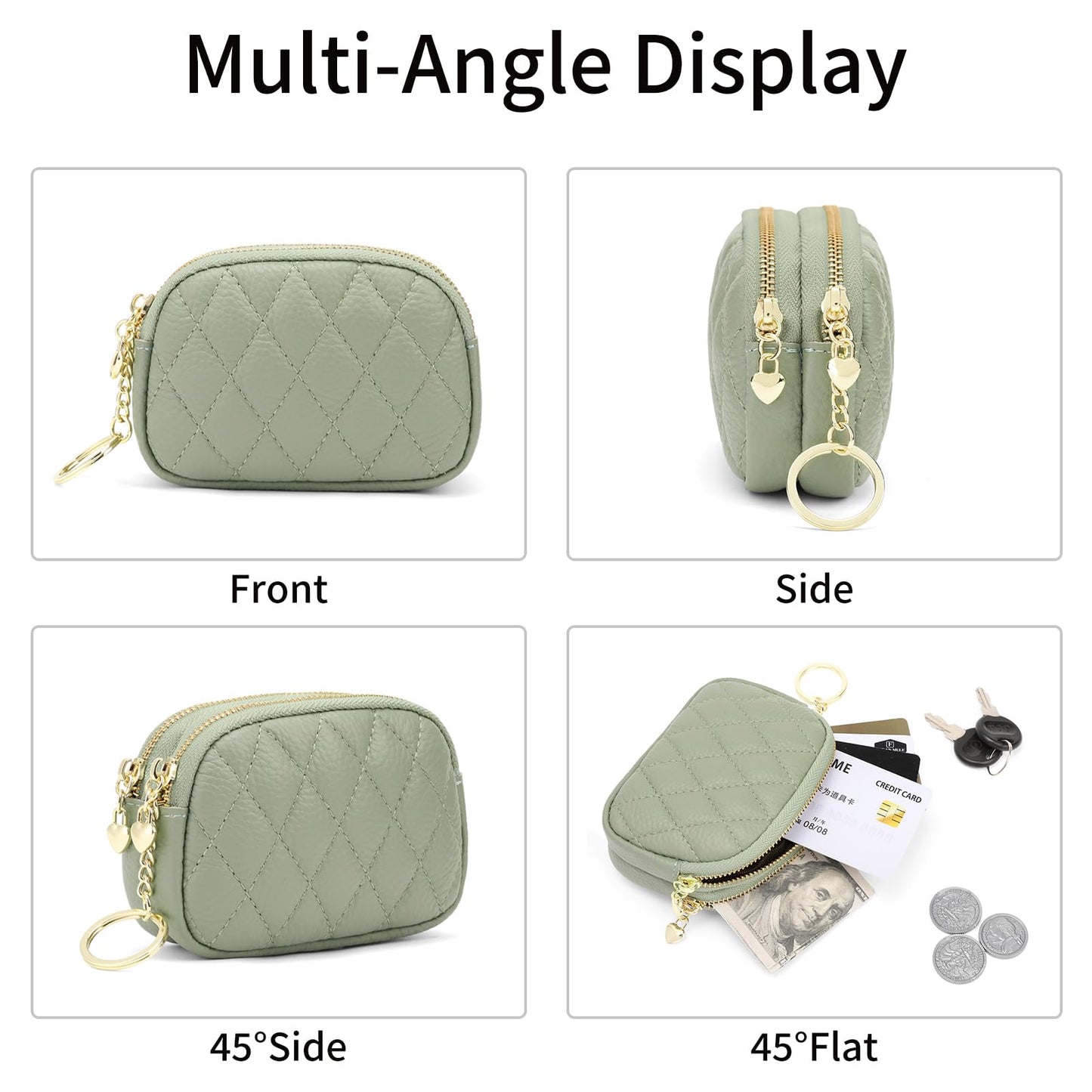 SENDEFN Women's Coin Purse Genuine Leather Wallet Small 2 Zippers Change Pouch Purse with Keychain Ring
