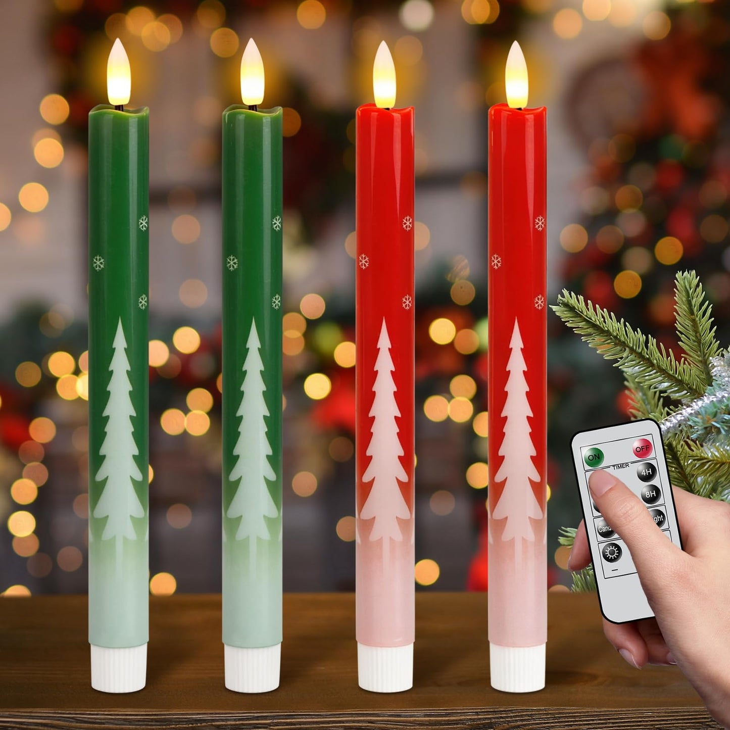 Wondise Christmas Flameless Taper Candles with Remote Timer, Real Wax Battery Operated Candles 3D Wick with Christmas Tree Decals for Christmas Thanksgiving Home Decoration(4Pack