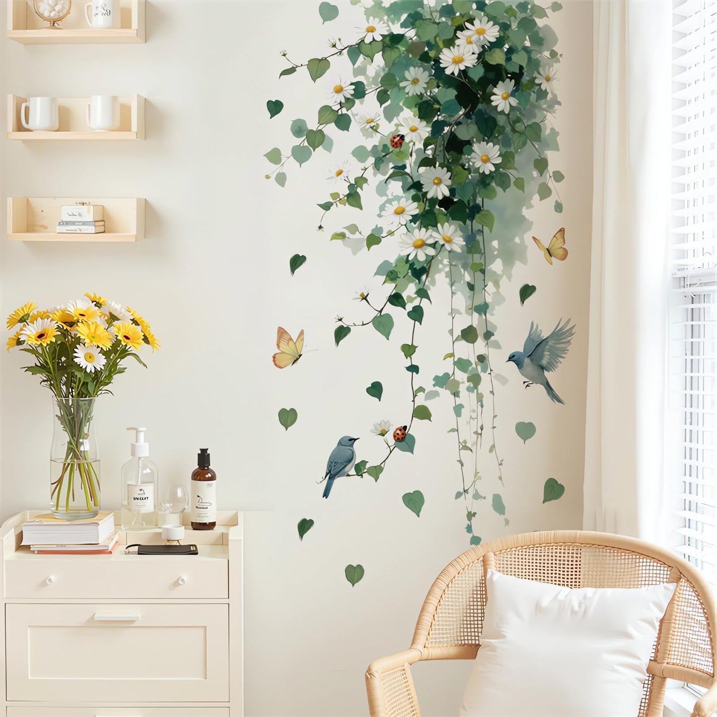 sacinora Hanging Greenery Vine Daisy Wall Stickers, Birds Butterflies Ladybugs Aesthetic Floral Wall Decals Removable Vinyl Peel and Stick Bedroom Kitchen Fridge Door Art Home Decor