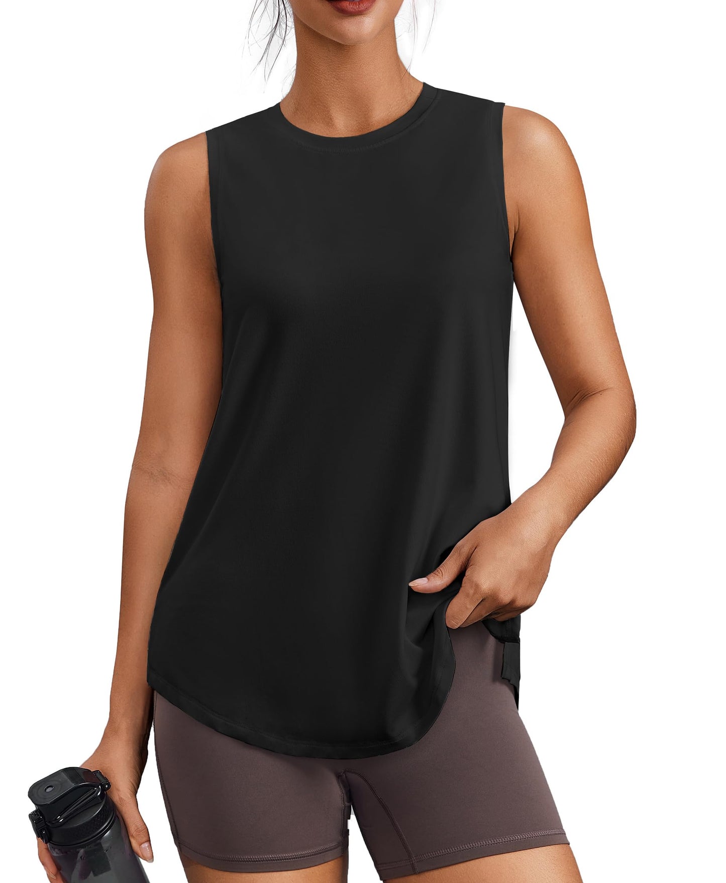 PINSPARK Womens Workout Tank Tops Sun Protection Athletic Tennis Top Crew Neck Running Tops Sleeveless Yoga Muscle Tank Hip Length Gym Shirts Loose Fit, Black Large