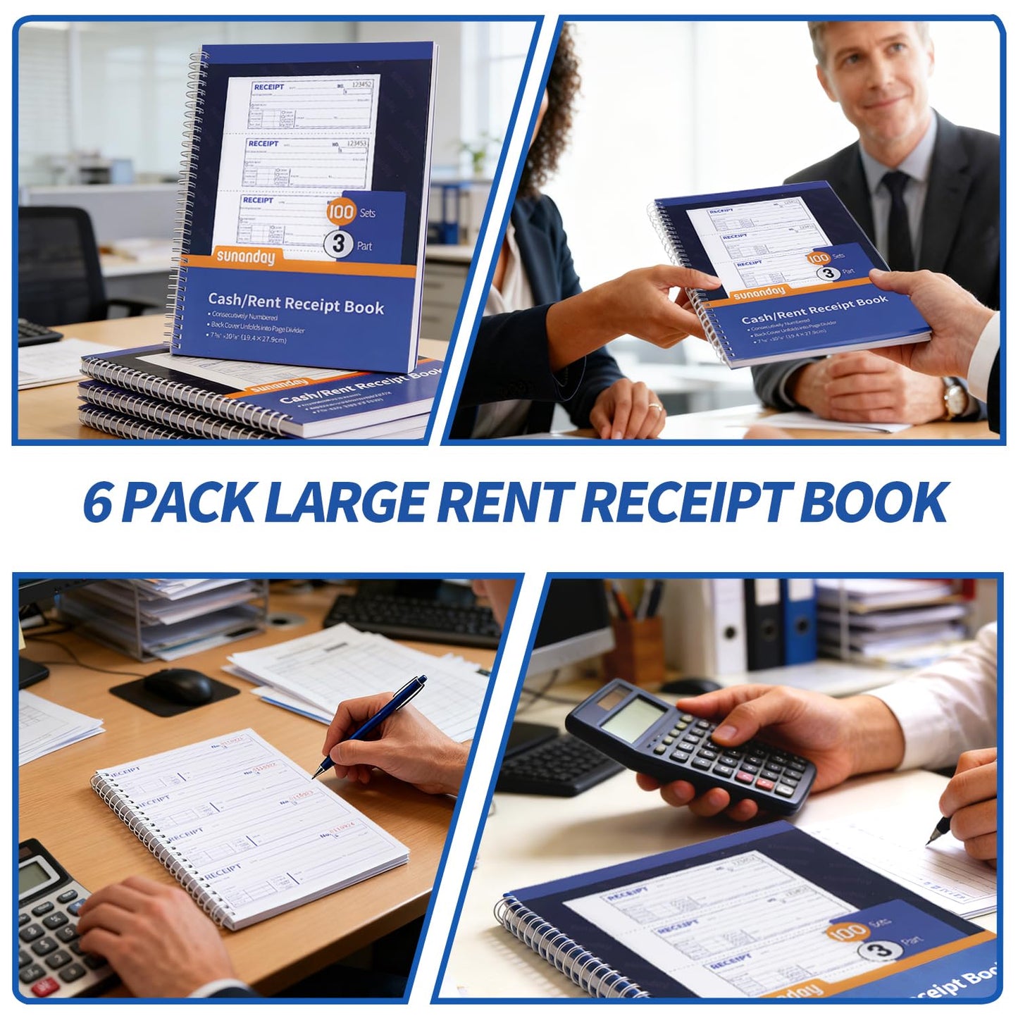 6 Pack Large Money and Rent Receipt Books with Cardboard Insert,7-5/8" x 10-7/8" Spiral Bound,3 Part Carbonless,100 Sets per Book,4 Receipts Per Page for Rent and Cash Transaction