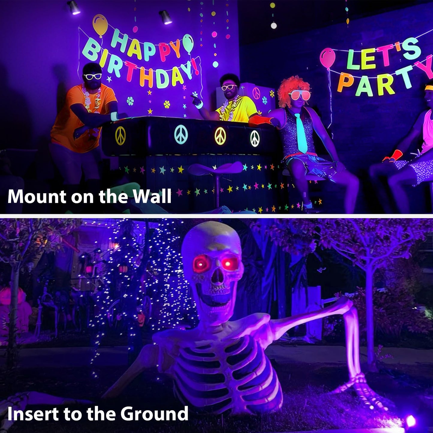 12W LED Black Light Outdoor UV Spotlight, IP65 Waterproof Blacklight Spot Lights, 385-400nm, Plug-in Landscape Lighting with US Plug for Glow Party Body Paint Fluorescent Poster Neon Decor (2 Pack)