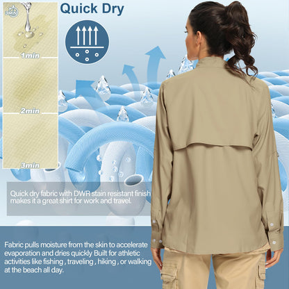 Women's UPF Long Sleeve Fishing Shirts Button Up Hiking Safari Shirts Sun Protection and Quick Dry,Khaki,XXXL