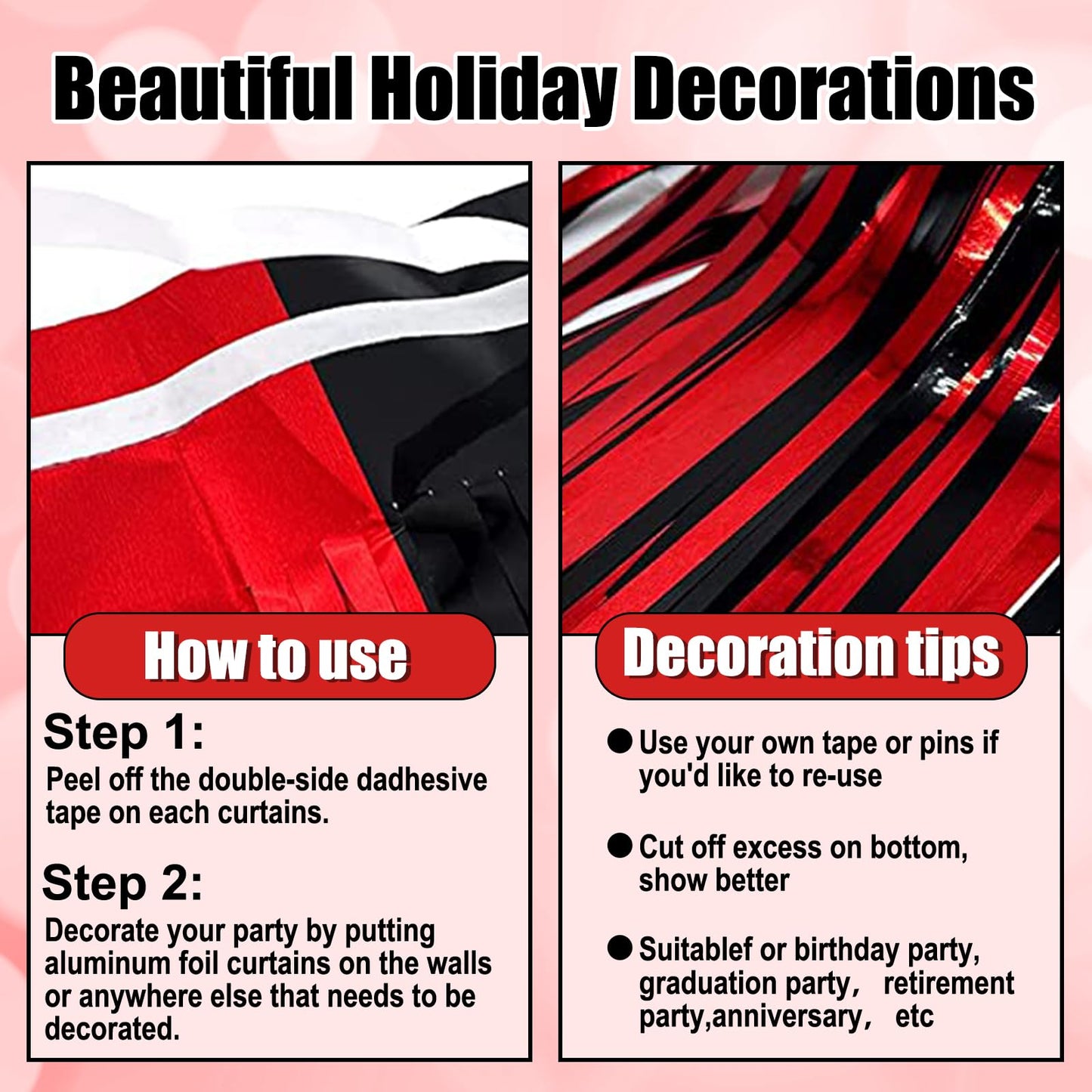 4 Pack 10 Ft Black Red Foil Fringe Garland Metallic Tinsel Streamers Banner Wall Hanging Curtain Backdrop for Parade Floats, Christmas Day, Thanksgiving Day, Halloween, New Year Party Decoration