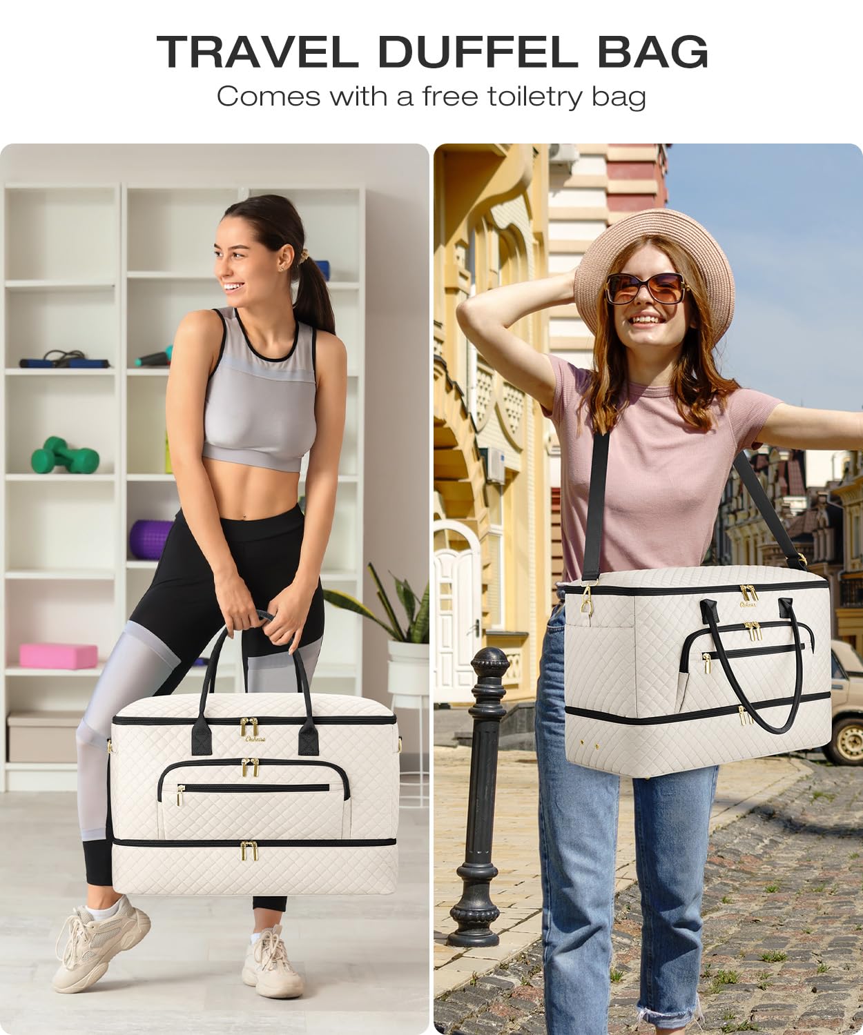 CLOKARS Travel Duffle Bag, Wide Open Large Weekender Bag for Women with Shoe Compartment, Carry on Overnight Bags with Toiletry Bag, Hospital Bag for Women Labor Delivery with Wet Pocket (Beige Black)