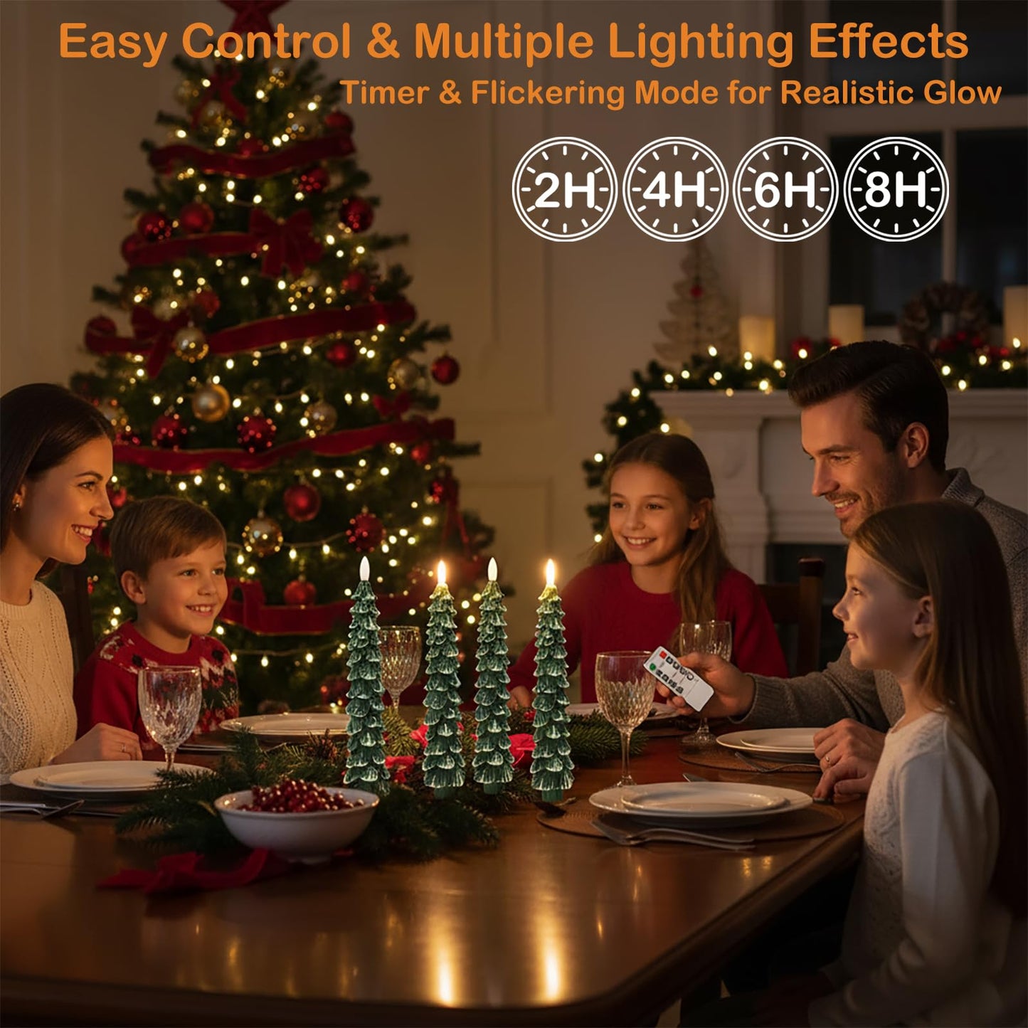FYBW Christmas Tree Flameless Taper Candles with Remote Timer,4 Pcs Green LED Taper Candles with 3D Flame for Holiday Decorations (Snowy Green B)