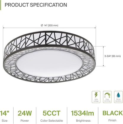 ASD 14 Inch LED Flush Mount Ceiling Light Fixture for Bedroom, 24W 1534LM 5CCT 2700K-5000K, Triac Dimmable Lights, Dining, Living Room, Kitchen Lamps, Modern Home Lighting Fixtures, Black, ETL