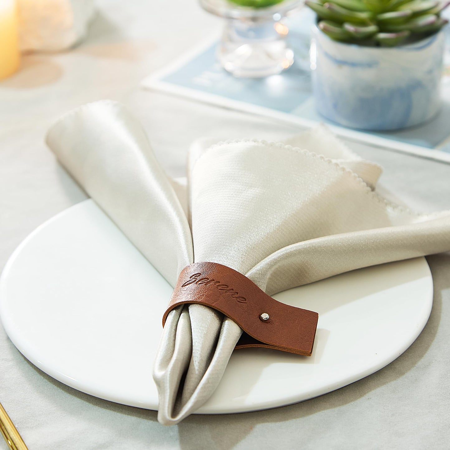 Reddish Brown Napkin Rings Set of 6 – Elegant Leather Napkin Ring Holders, Double-Sided Waterproof, Durable Table Decor for Easter, Weddings & Dinner Parties, Stylish Table Setting Accessories