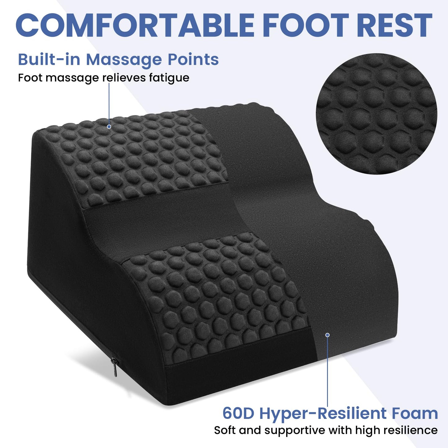 Foot Rest for Under Desk at Work, 3-Tier Foot Stool with Massage Dots and Thick High-Density Foam, Ergonomic Footrest with Washable Cover for Home and Office, Back, Legs & Hip Pain Relief, Black