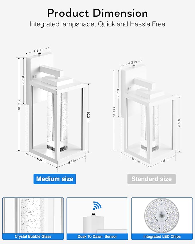 VIANIS White Porch Lights Outdoor, Large Dusk to Dawn Exterior Garage Lighting Fixtures Wall Mount for House, Outdoor Sconce Lights Lanterns for Coach with Integrated Rectangular 10W LED Light Source