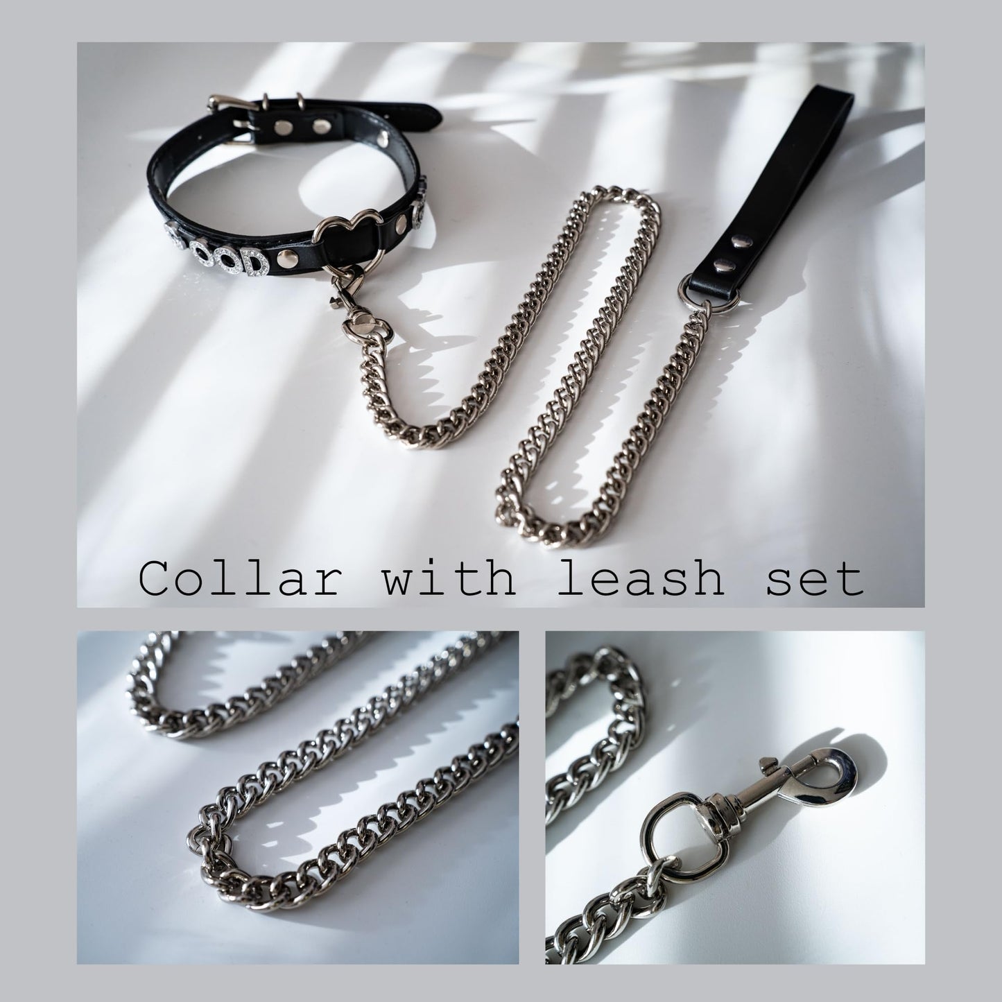 ADEMISHIA Black Heart O-ring Leather Collar and Leash Set, Adjustable Gothic Choker Necklace with Rhinestones Letters 38 Inches Durable Aluminum Chain Leash