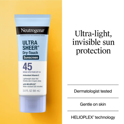 Neutrogena Ultra Sheer Dry-Touch Sunscreen For Face & Body, SPF 45 Broad Spectrum UVA/UVB Protection, Lightweight Water Resistant & Non-Greasy, Travel Size Sunscreen, 3 fl. oz 2 pack