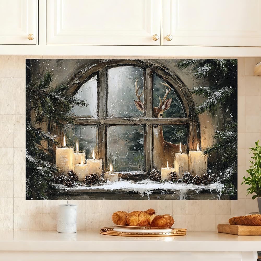 WDESYADMS 35.5x23.6 Inch Winter Window Scene Wall Decals PVC Candle Pine Cones Deer Artwork Peel and Stick Decorative Film for Home Cooking Area Backsplash Stovetop Space Holiday Seasonal Style