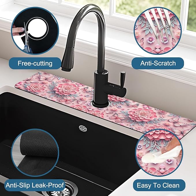 Pink Floral Sink Splash Guard Faucet Mat Flower Butterfly Super Absorbent Fast