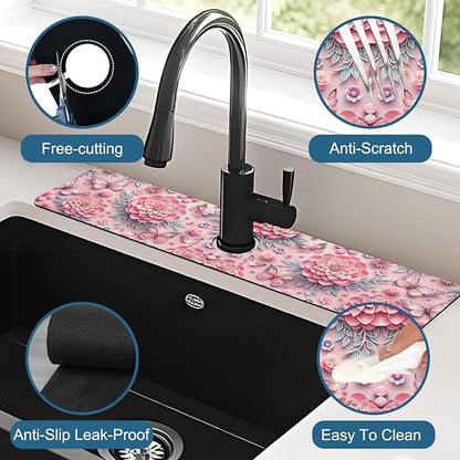 Pink Floral Sink Splash Guard Faucet Mat Flower Butterfly Super Absorbent Fast