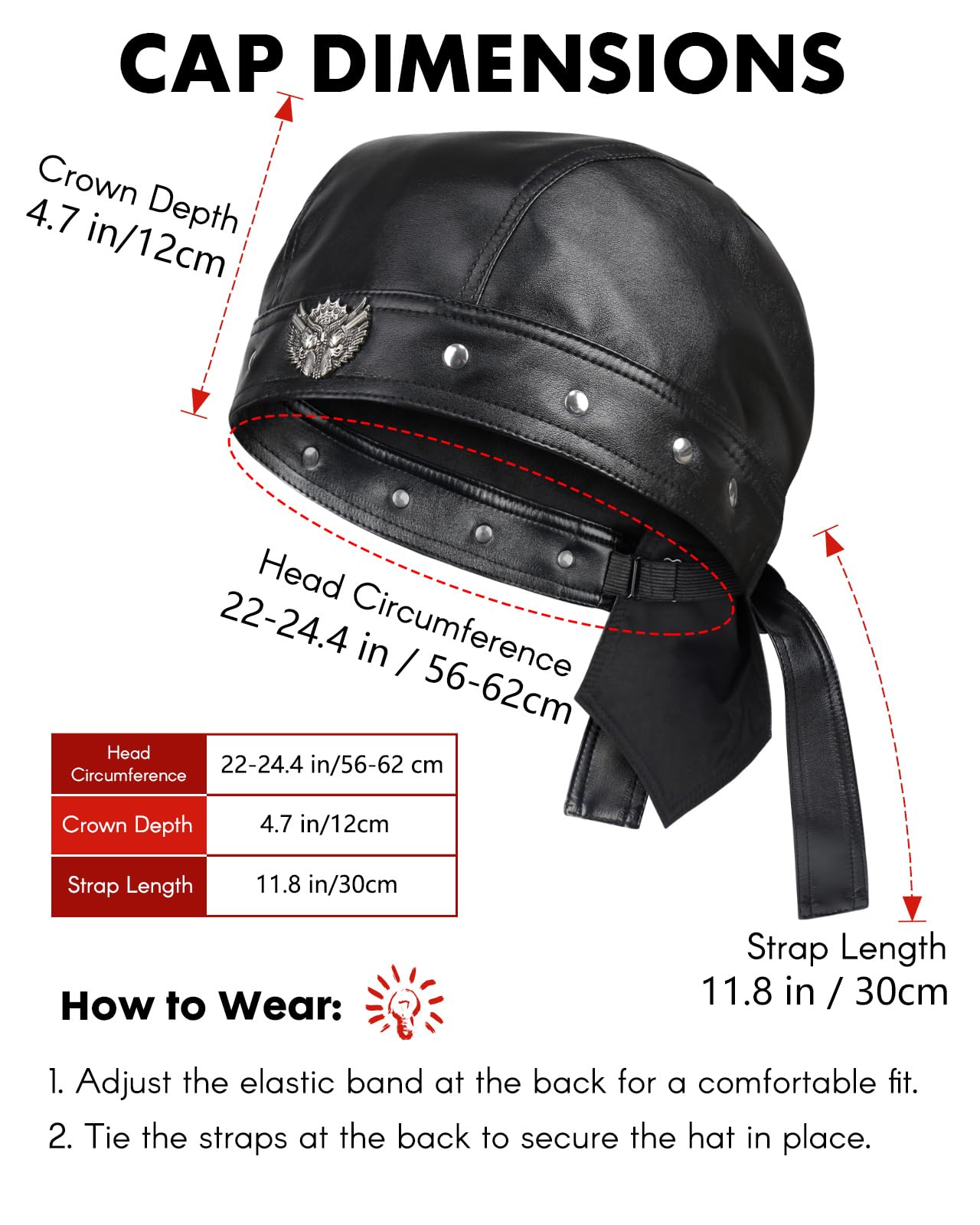 NTAWYT Leather Biker Hats for Women Cycling Skull Cap Adjustable Doo Rag Black Bandana