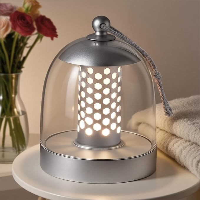 Outdoor Cordless Table Lamp Rechargeable,Water Proof Shower Lamp for Bathroom,Small Ambient Bedside Lamps for Night Stands (Silver Gray)