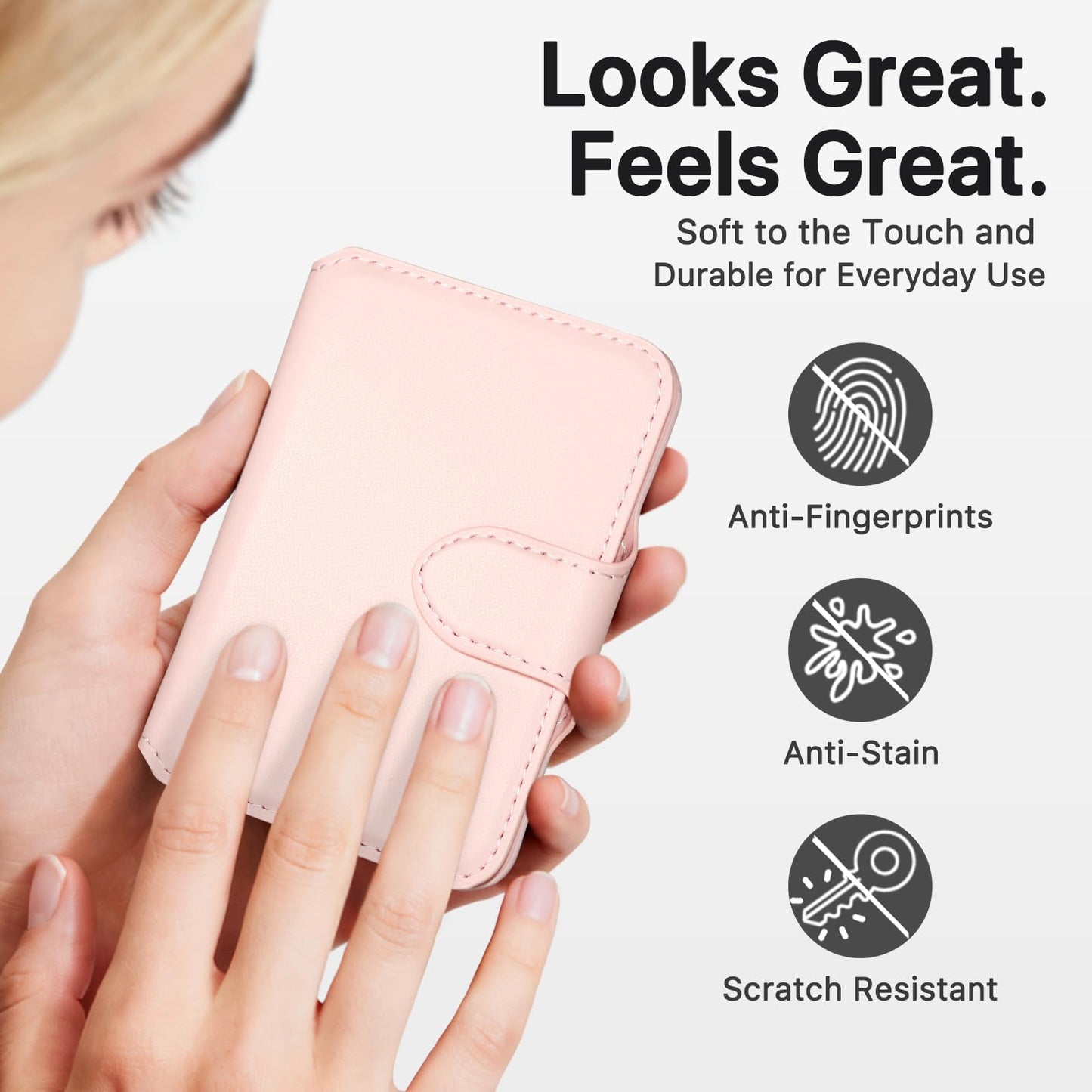 MEFON for MagSafe Wallet, Magnetic Phone Wallet RFID Blocking, Slim 5-8 Card Holder with Cash Slot & Clear ID Window, Minimalist Mag Safe Wallets for iPhone 17/16/15/14/13/12 Series, Blush Pink