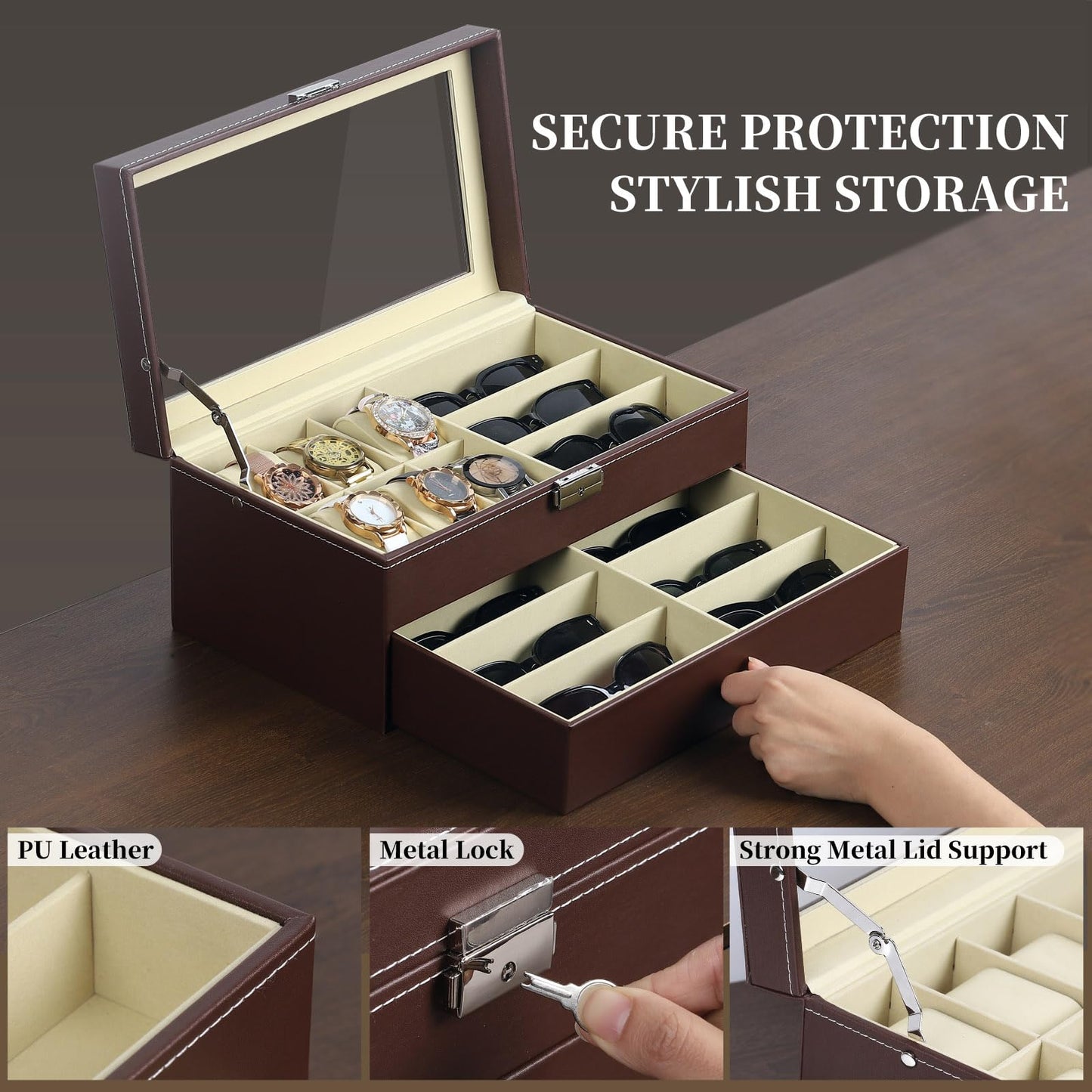 AUTOARK Leather 6 Watch Box Jewelry Case and 9 Piece Eyeglasses Storage and Sunglass Glasses Display Drawer Lockable Case Organizer,Brown,AW-130