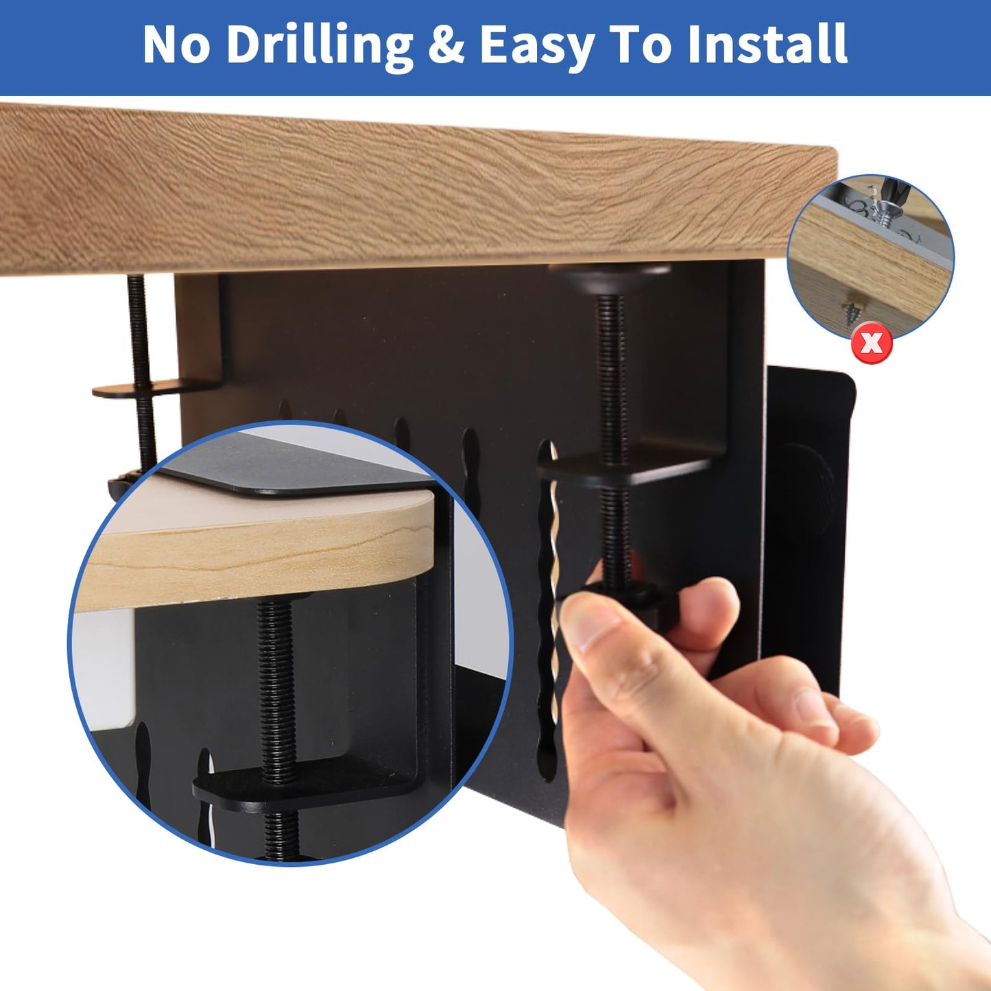 LUKETURE Laptop Holder, Steel Desk Side Storage, No Drill Standing Desk Accessories, Laptop Mount with Pen Holder, Back to School Supplies, Fits Flat Edge Tables 0.3" to 2.8" (Black, M(1 Tier))