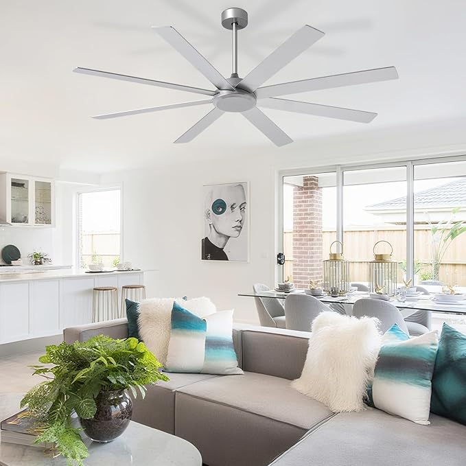 Depuley Large Ceiling Fan without Light: 66 Inch Indoor/Outdoor Fan Reversible DC Motor 6 Speed - Dual 8 Blades Big Ceiling Fans with No Light for Living Room Covered Patio, Silver