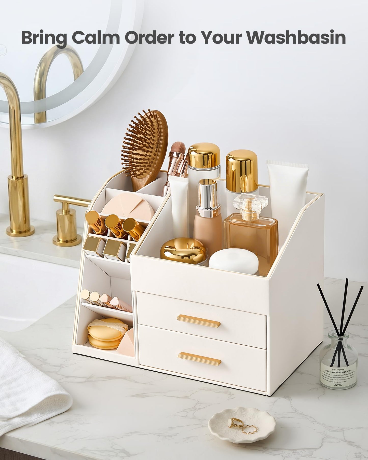 Lolalet Makeup Organizer Countertop with Drawers, Easy to Clean PU Leather Storage Box, 3-Layer Cosmetic Holder for Skincare, Lipstick, Perfume & Brush, Display Case for Vanity Dresser Bathroom -Cream