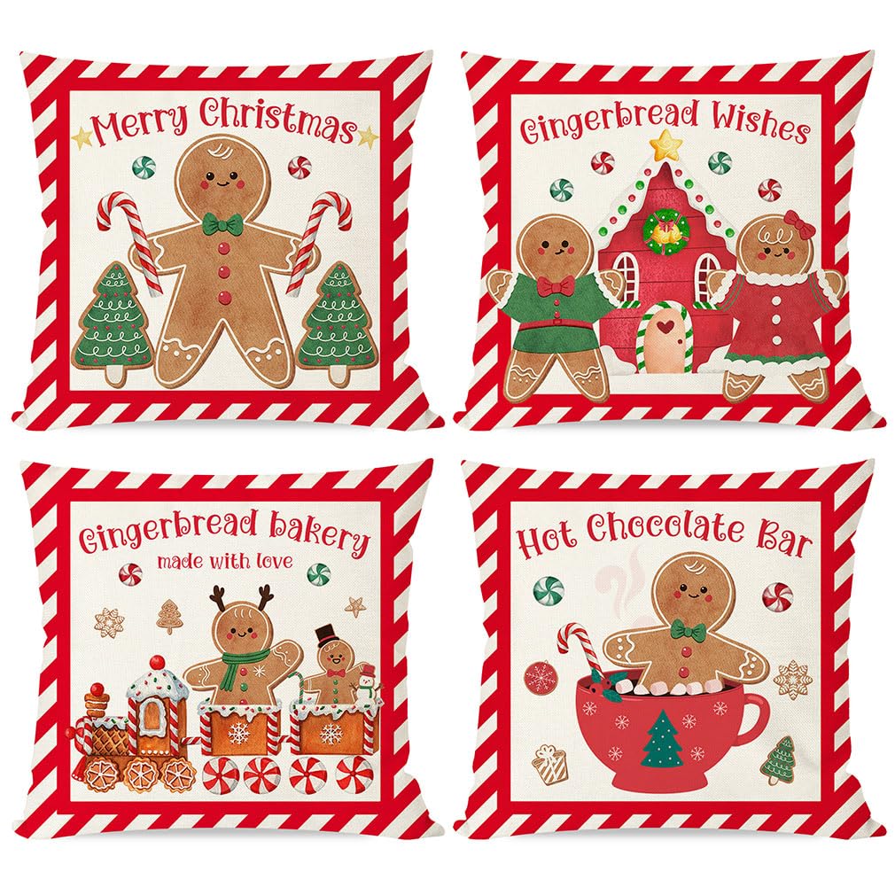 PANDICORN Christmas Pillow Covers 16x16 Set of 4 Gingerbread Man House Candy Cane Christmas Decorations Hot Cocoa Red Green Winter Holiday Decorative Throw Pillow Case for Home Couch Bedroom Decor