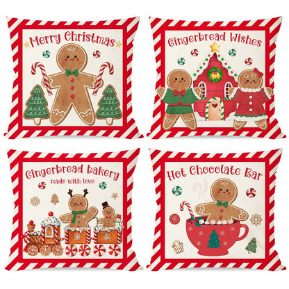 PANDICORN Christmas Pillow Covers 16x16 Set of 4 Gingerbread Man House Candy Cane Christmas Decorations Hot Cocoa Red Green Winter Holiday Decorative Throw Pillow Case for Home Couch Bedroom Decor