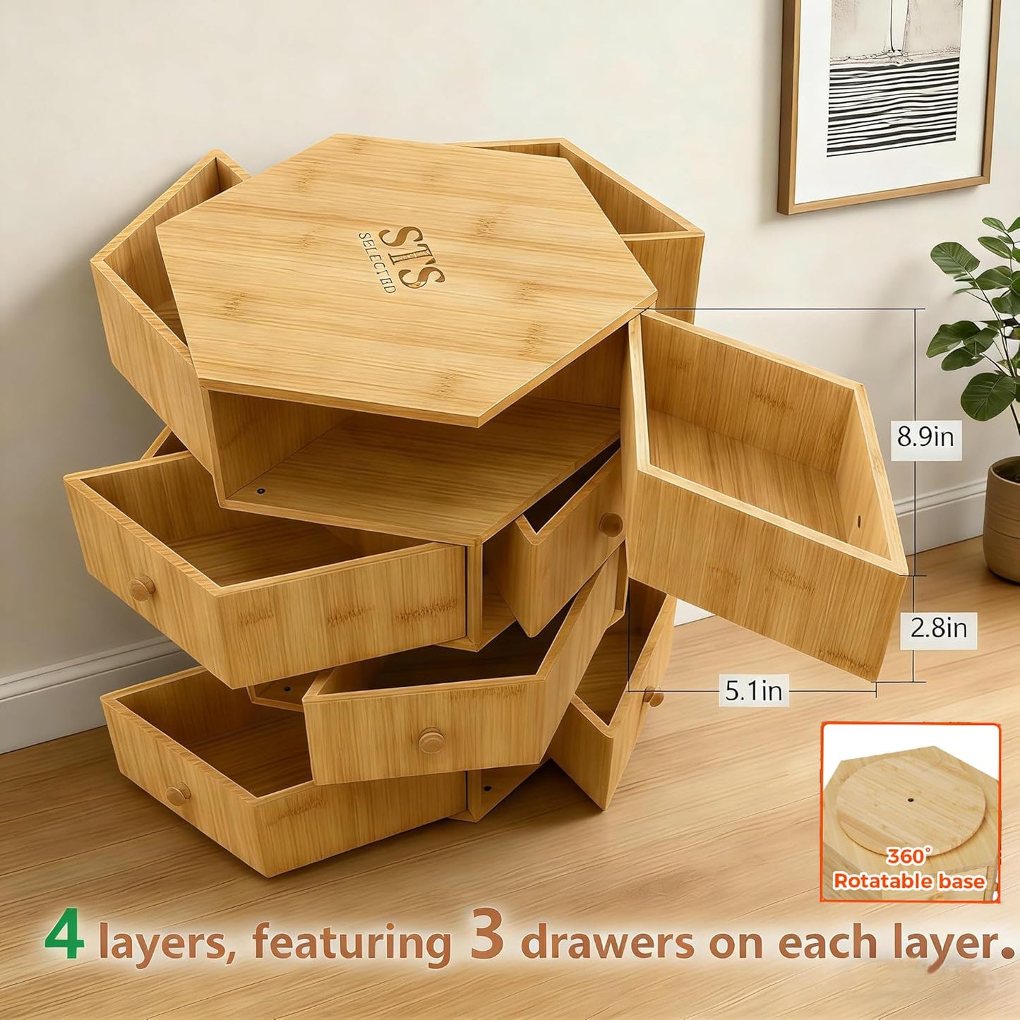 360° Rotatable Bamboo Desktop Organizer, Large Capacity Cosmetic & Jewelry Storage for Makeup Serum, Diamond, Easy Setup No Assembly (9)