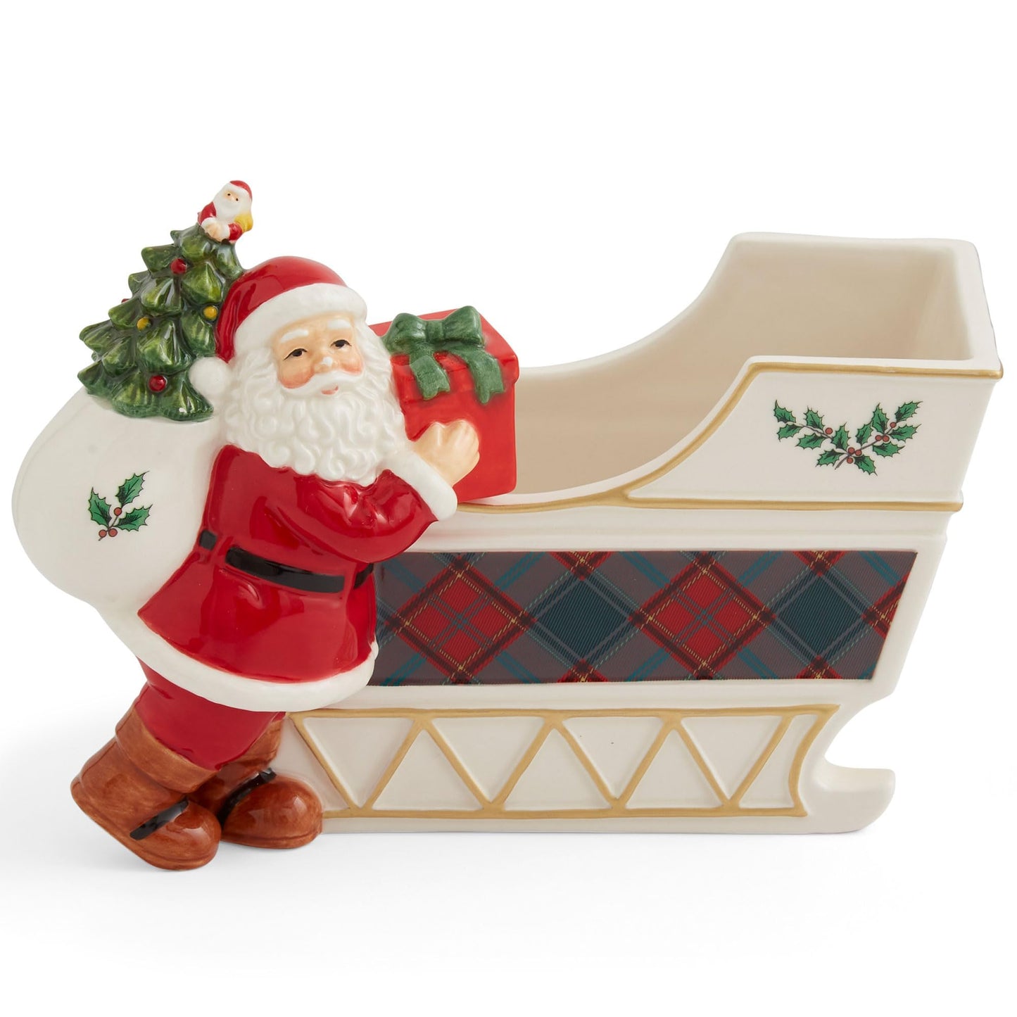 Spode Christmas Tree Santa Sleigh Candy Jar - 8-Inch Christmas Candy Storage Container - Fine Dolomite Figural Santa Sleigh Snack Jar for Holiday Decor, Dessert Tables, Gift Displays