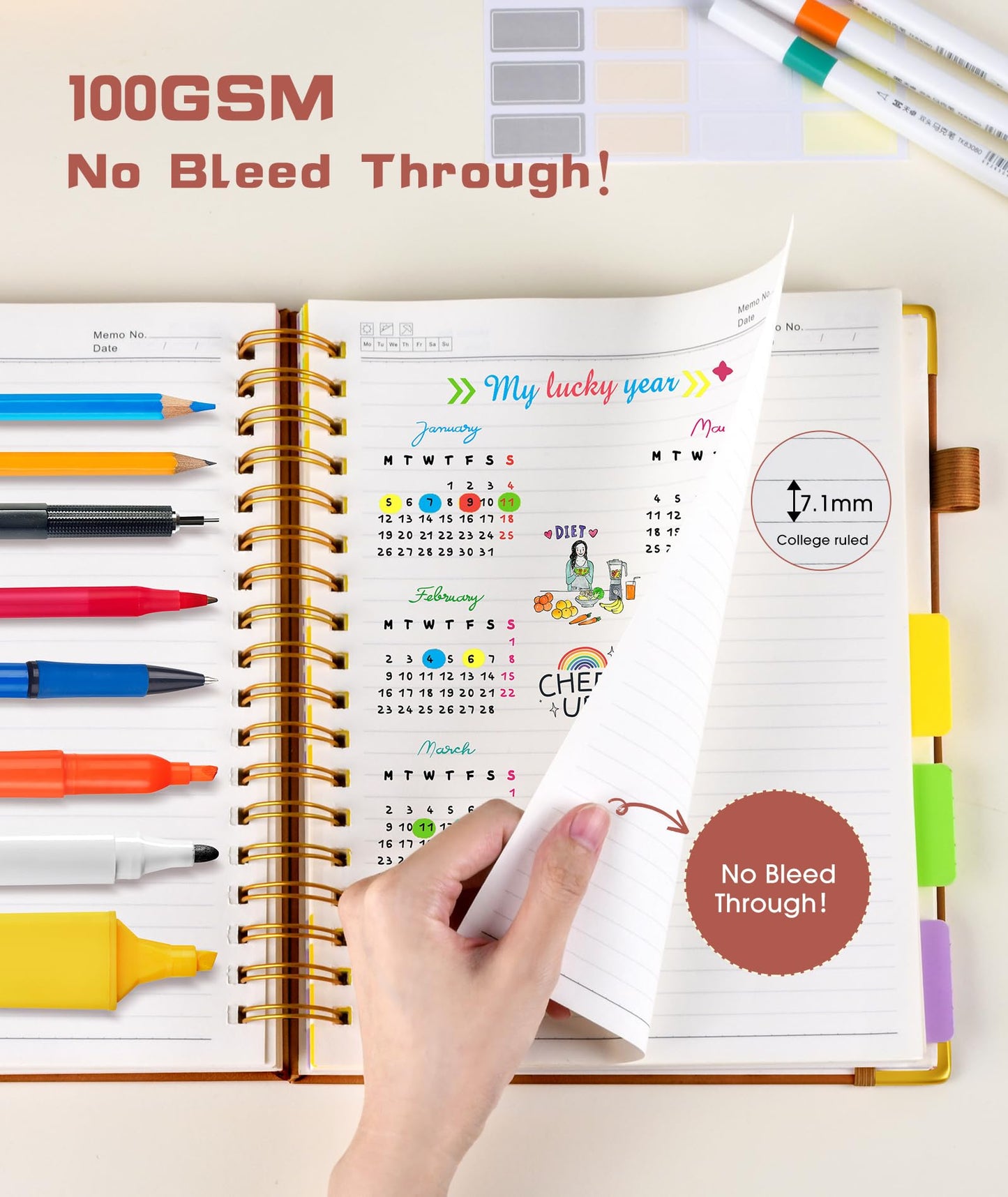 Hardcover Spiral Notebook Journal with Removable Dividers Tabs, 300 Pages Leather 5 Subject Notebook College Ruled, 8"x10" Large B5 Notebooks for Work School, Lined Journal for Men, Light Brown