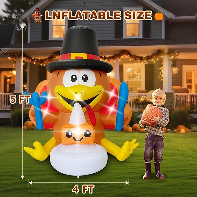 Thanksgiving Inflatables Turkey Outdoor Decorations 5FT Fall Inflatable Turkey with Built-in LED Lights with Cake Blow up Outdoor Lawn Yard Decoration