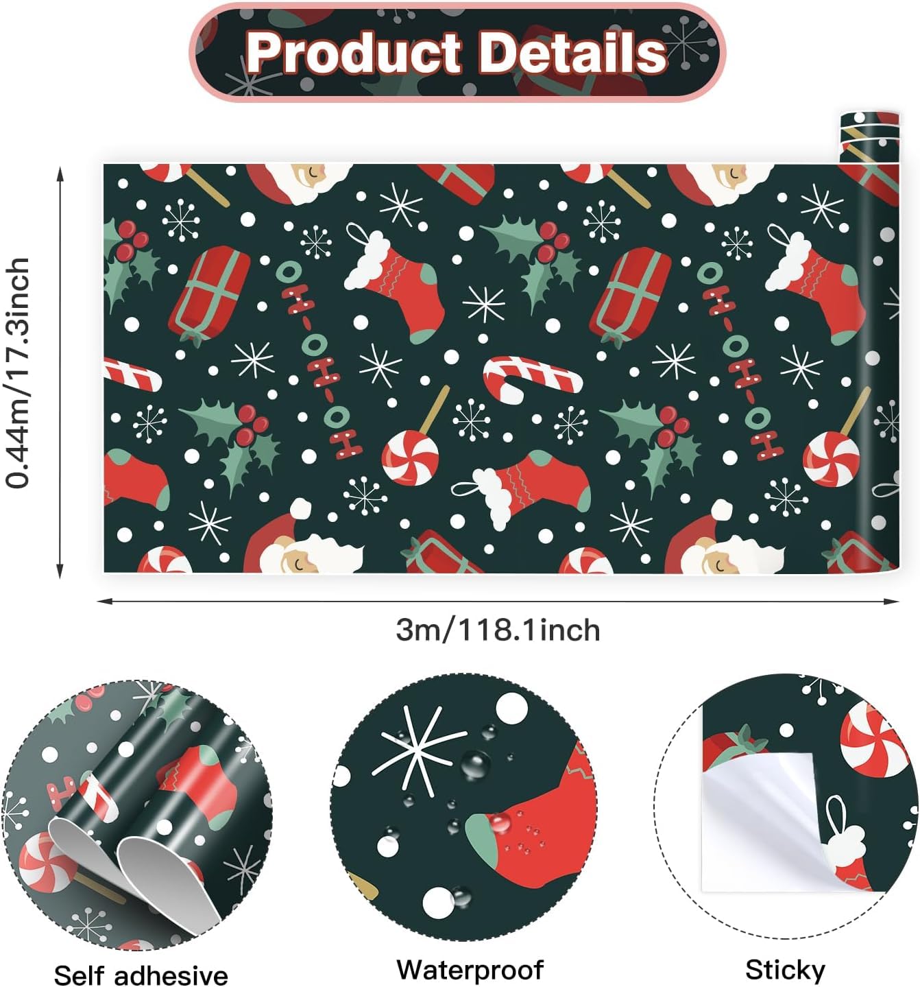 TOARTi HO-HO-HO Christmas Wallpaper Peel and Stick Christmas Contact Paper for Cabinets Bedroom Xmas Backdrop for Winter New Year Xmas Party Decoration