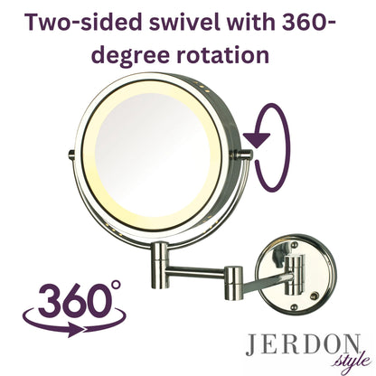 JERDON Wall-Mounted Makeup Mirror with LED Lighting - Direct Wire Lighted Makeup Mirror with 8X Magnification & Nickel Finish Wall Mount - Model HL75ND