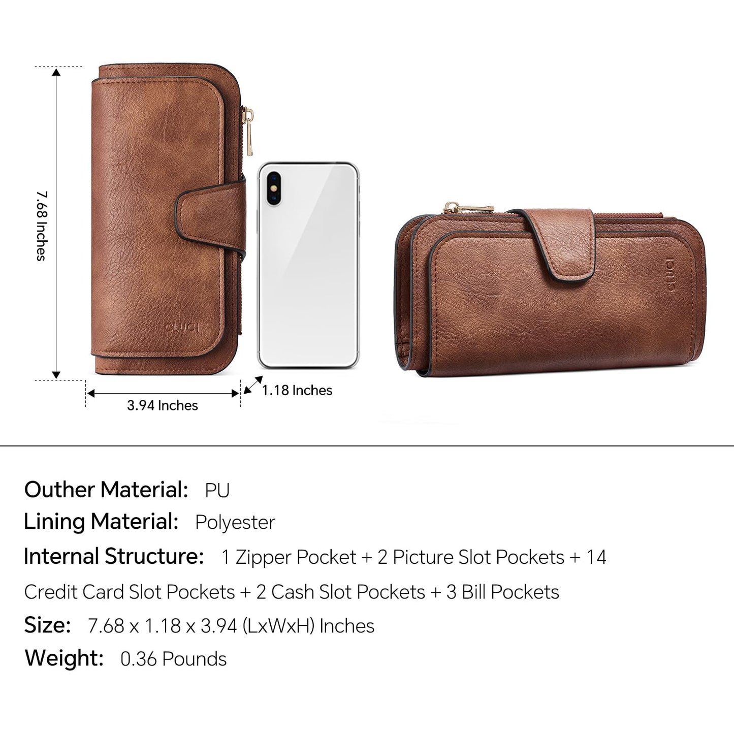 CLUCI Women Wallet Leather RFID Blocking Designer Trifold Card Holder Ladies Clutch with ID Window Brown