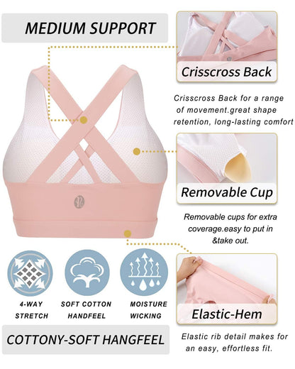 RUNNING GIRL Sports Bra for Women, Criss-Cross Back Padded Strappy Sports Bras Medium Support Yoga Bra with Removable Cups