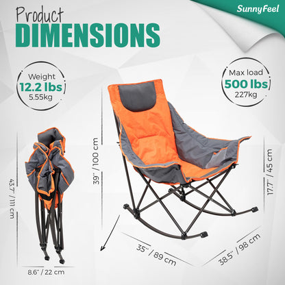 SUNNYFEEL Oversized Heated Camping Chair, Folding Rocking Camping Chairs with Luxury Padded Recliner,Carry Bag, 300 LBS Heavy Duty for Lawn/Outdoor/Picnic/Patio, Portable Rocker Camp Chair