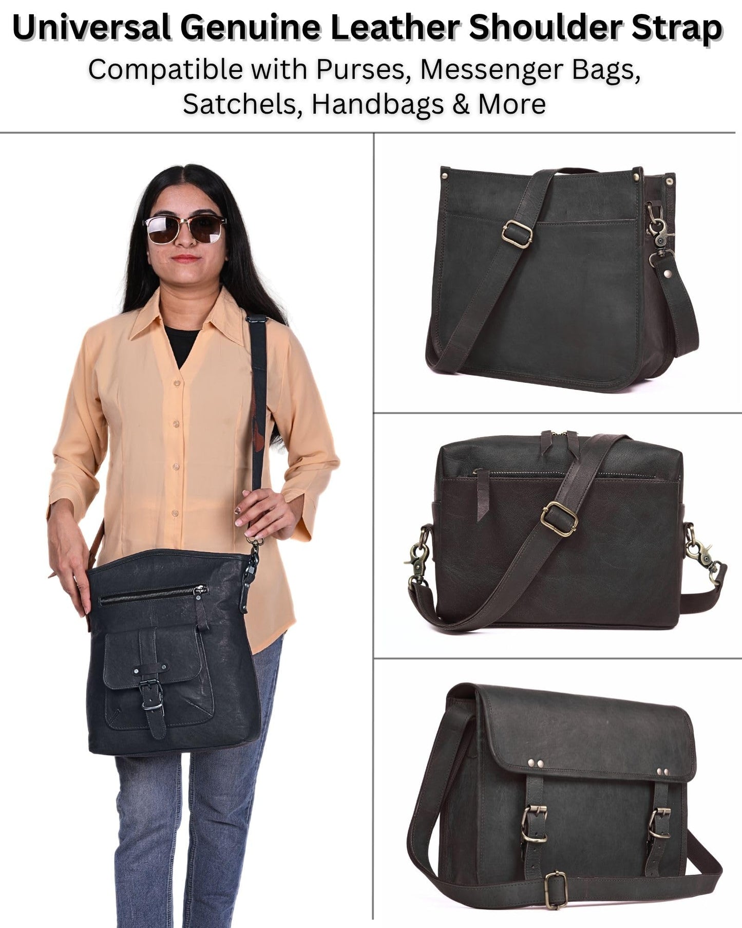60-inch Genuine Leather Crossbody Strap Replacement for Purse, Handbag & Messenger Bag 1” Wide Adjustable Shoulder Strap (Black)