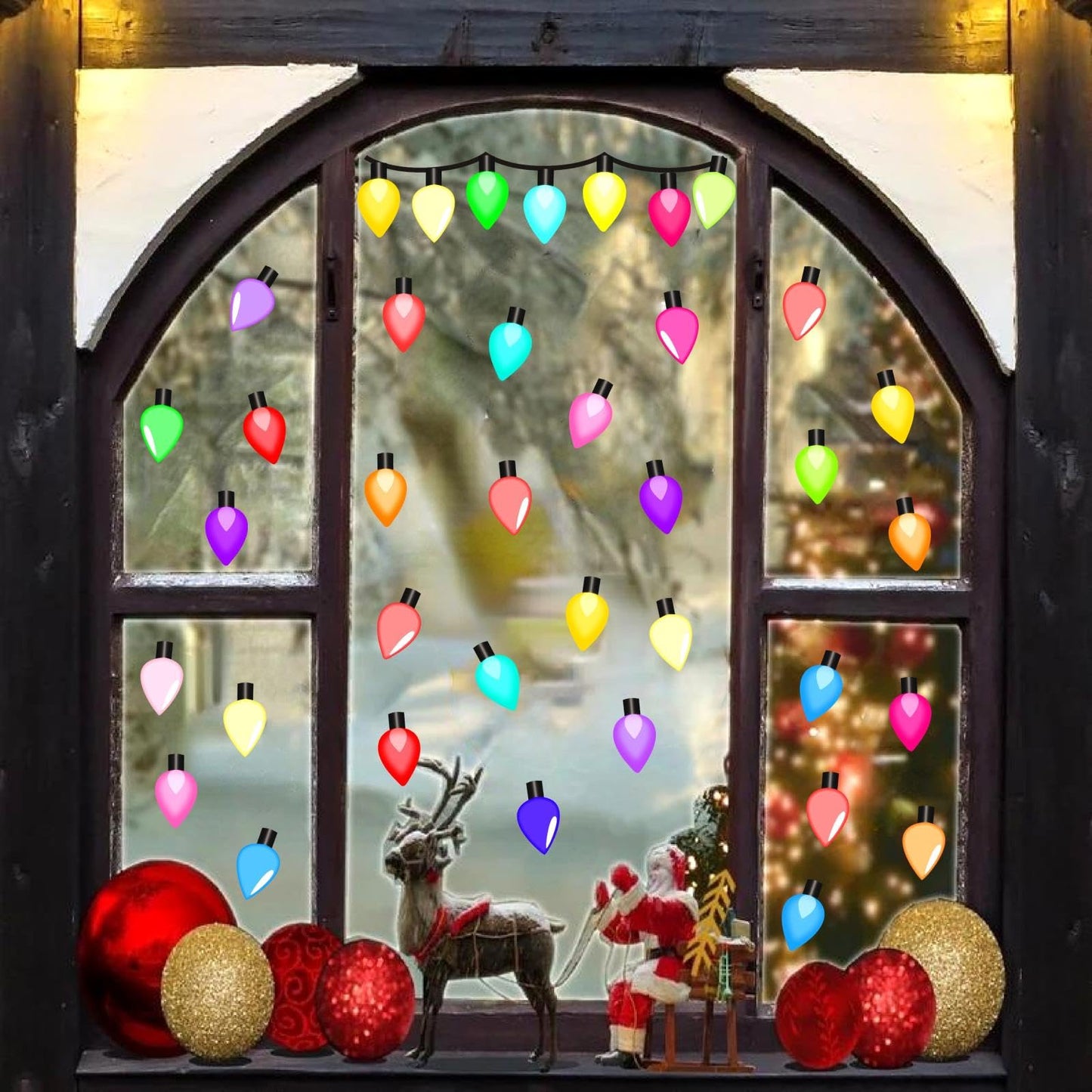 Christmas Light Window Decals Clings Double Sided Colorful Lights Wall Stickers Merry Christmas Window Wall Stickers Holiday Xmas Bright Windows Decals Holiday Light Bulb Windows Decorations