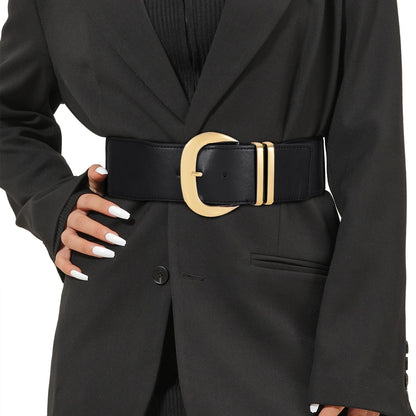 WHIPPY Women Wide Elastic Waist Belt for Dresses Fashion Gold Buckle Stretchy Leather Waistband for Ladies, Black, Fits Waist 24"-28"