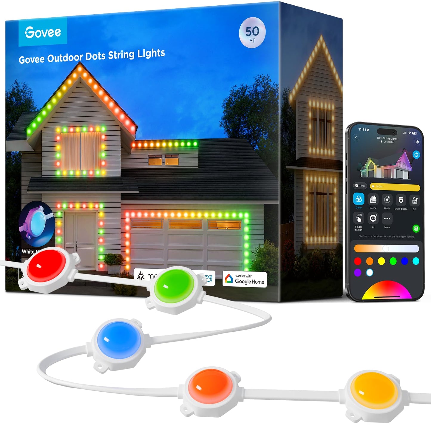 Govee Outdoor LED Strip Lights, 45 RGBIC LED Lights 50FT String Lights with 65 Scene Modes, Halloween Decoration Work with Alexa, Google, APP Control, IP65 Waterproof
