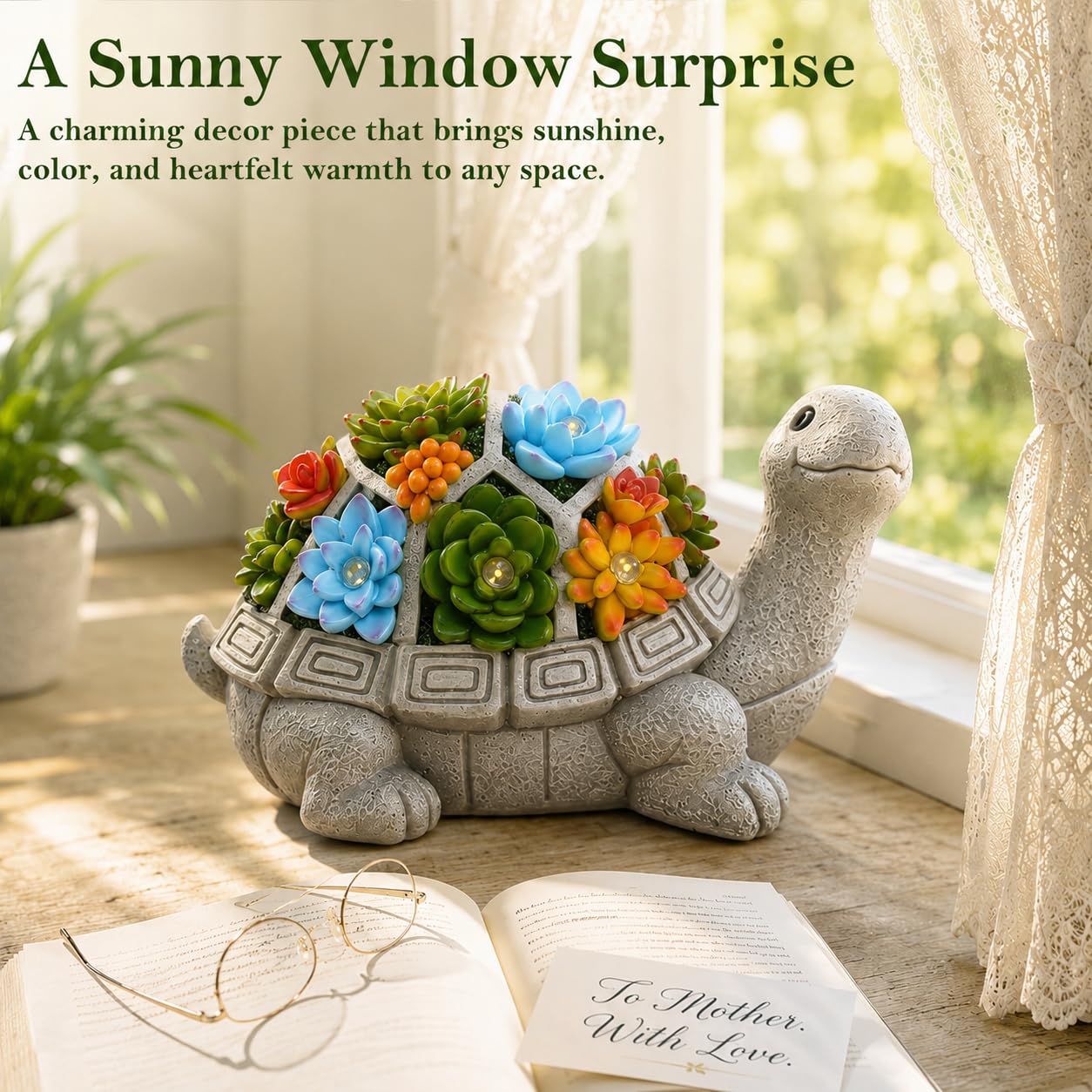 Nacome Solar Garden Outdoor Statues Turtle with Succulent and 7 LED Lights - Lawn Decor Statue for Patio, Balcony, Yard Ornament - Gifts for Mom Grandma Women
