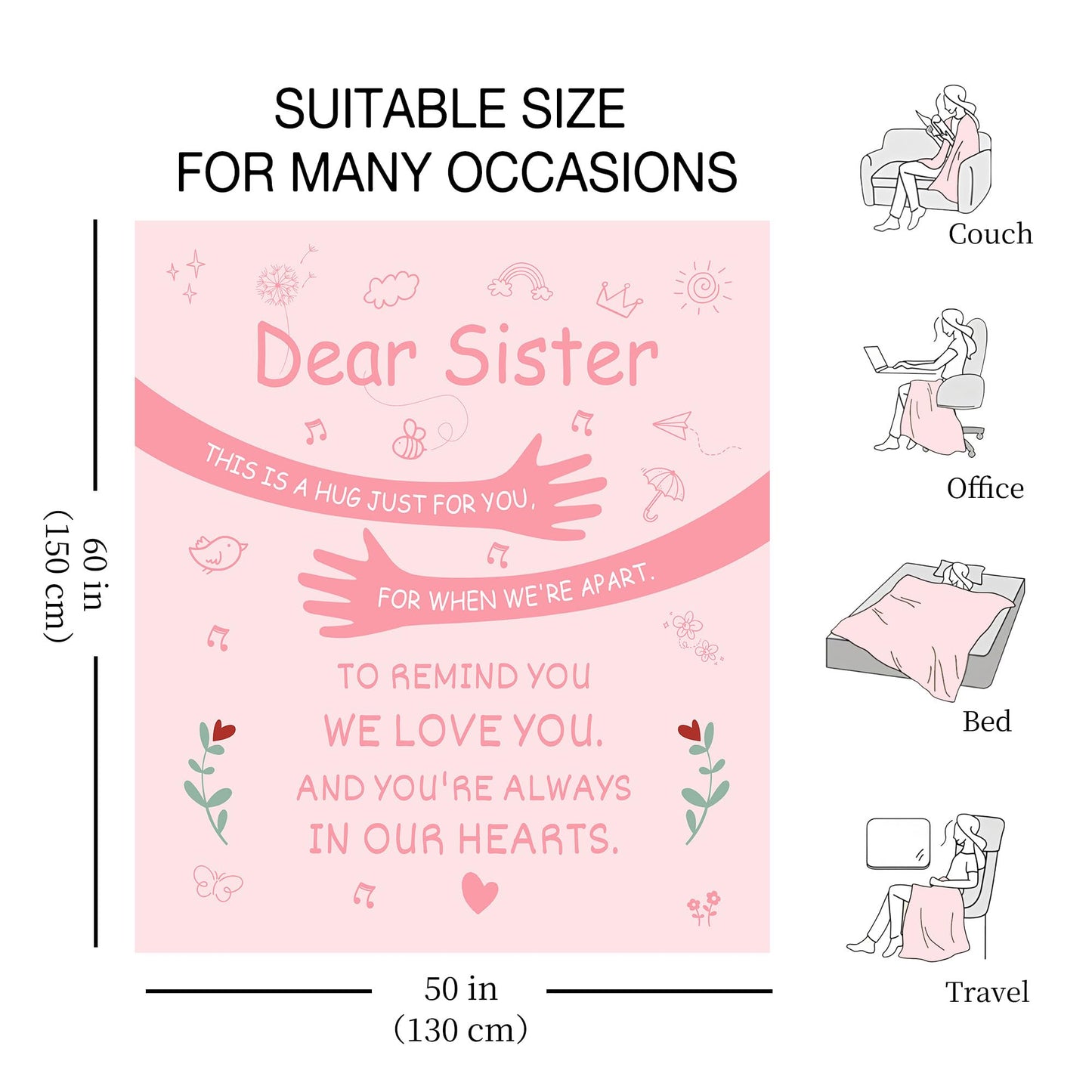 Dear Sister This is a hug just for you for when we're apart To remind you we love you And you're always in our hearts Sister's Throw Blanket Gift for Birthday Christmas Farewell Gift Reminder
