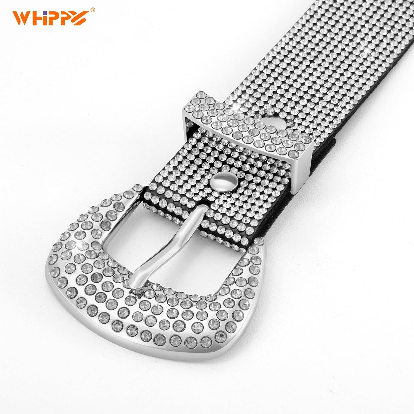 WHIPPY Rhinestones Leather Belts for Women Disco Bling Studded Belt for Jeans Pants Western Cowgirl Shiny Waist Belt, Silver, M