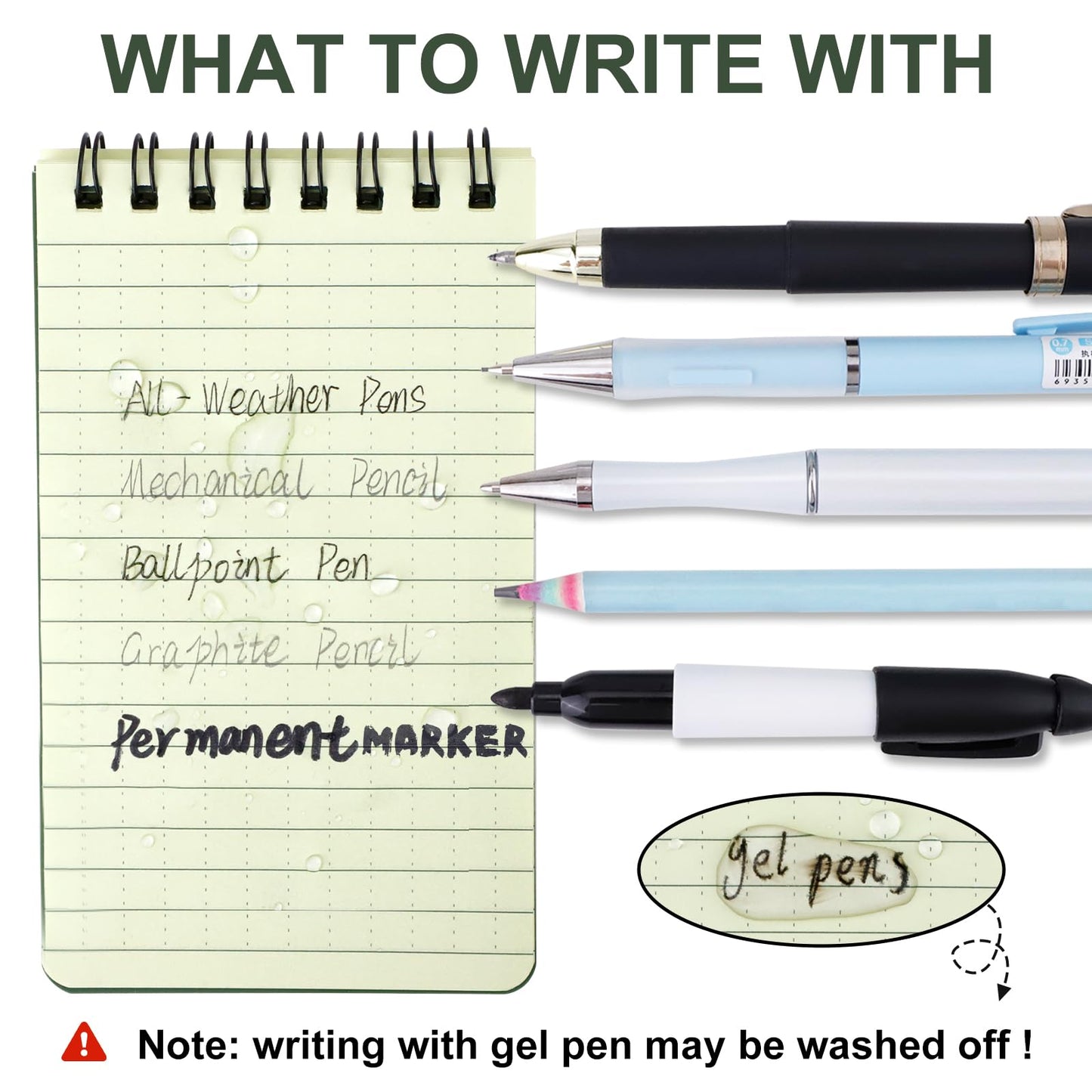 RETON 10 Pack Waterproof Notebook, 3 x 5 Inches Waterproof Pocket Notepad, All-Weather Top Spiral Memo Steno Pads with Grid, Write in the Rain Notebook for Outdoor Activity Recording (Army Green)