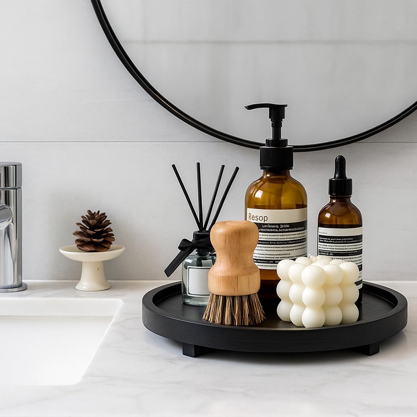 Black Decorative Wooden Tray for Kitchen Counter Bathroom Accessories Sink Vanity Trays Wood Riser Candle Pedestal Stand for Perfume Soap Trays Round Dining Coffee Table Small Rustic Home Decor Tray