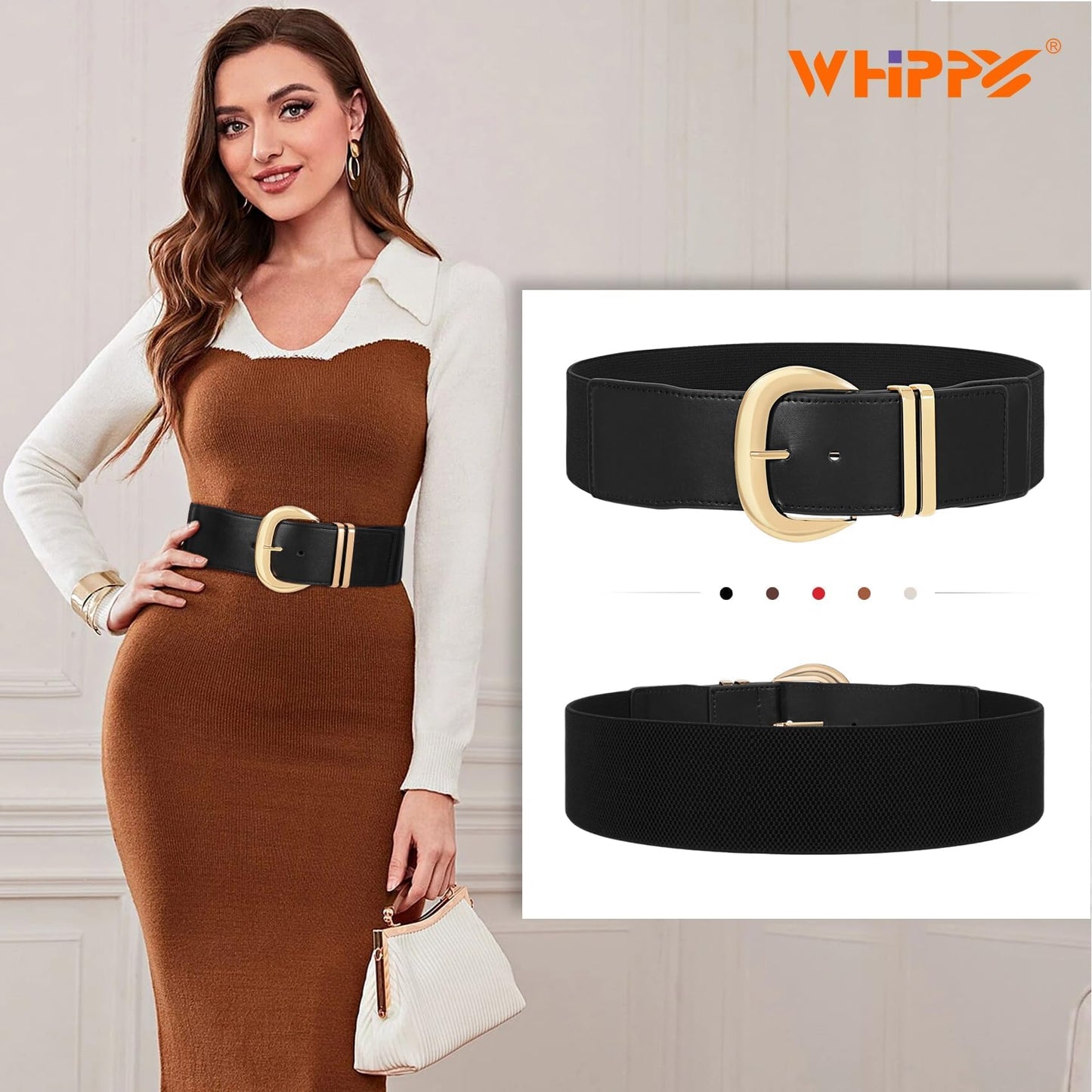 WHIPPY Women Wide Elastic Waist Belt for Dresses Fashion Gold Buckle Stretchy Leather Waistband for Ladies, Black, Fits Waist 24"-28"